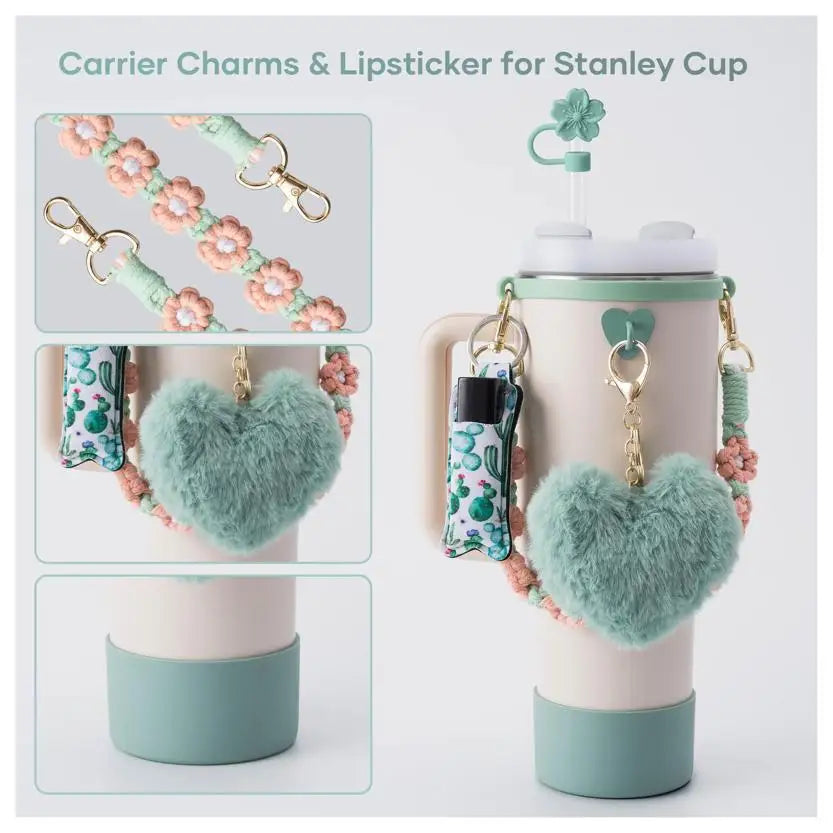 Straw Cap Set with Charm & Initial Keychain